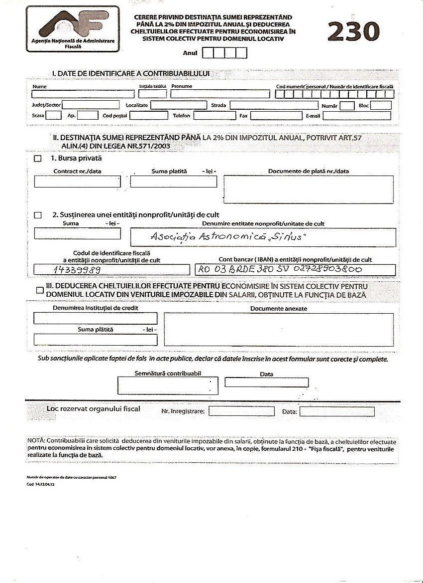 Formular 230 pentru redirectionarea a 2% din venit | Astronomie si nu numai…